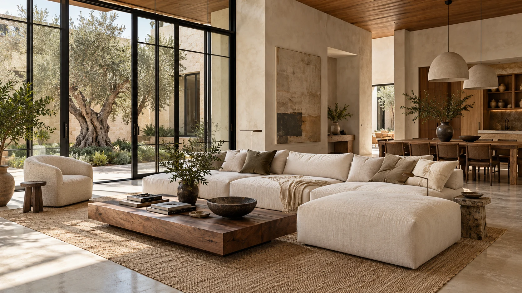 Illustrative contemporary living room with stone and timber